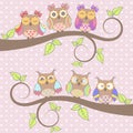 Beautiful card with owls in love on branch