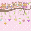 Beautiful card with owls on the tree and cakes