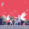 Beautiful card. Space for text. Dreamy date of winged fairies. Beautiful woman drinks tea and man confesses love