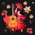Beautiful card with Spanish girl, dressed in traditional red dress and with fan in her hand, dancing flamenco, treble clef Royalty Free Stock Photo