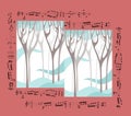 Beautiful card with winter forest and musical notes.