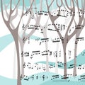 Beautiful card with winter forest and musical notes.