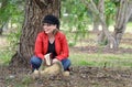 Beautiful carefree happy laughing young woman outdoors under tree Royalty Free Stock Photo