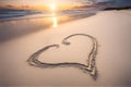 Love: heart on the sand on a beach, tropical ocean sunset. Royalty Free Stock Photo