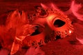 Beautiful carnival mask on table in red light, closeup Royalty Free Stock Photo