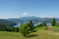 Beautiful carpathian landscape. Lake Izvorul Muntelui and CeahlÃÆu mountain Royalty Free Stock Photo