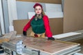 Beautiful carpenter making measurements of wooden plank Royalty Free Stock Photo