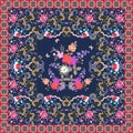 Beautiful carpet with luxury bouquet of flowers and ornamental frame with paisley. Indian, persian, turkish motives. Shawl