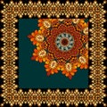 Beautiful carpet or tablecloth with flower mandala and ornamental frame in indian style