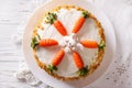 Beautiful carrot cake with candy bunny close-up. horizontal top Royalty Free Stock Photo