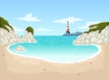 Beautiful cartoon beach with lighthouse.