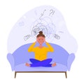 A beautiful cartoon brunette girl at home on the couch in a state of stress, surrounded by icons of stress factors.