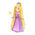 Beautiful cartoon character of a little adorable princess wearing a long pink and lilac dress and holding a magic wand