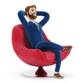 A beautiful cartoon character sitting in a comfortable red chair. Bearded businessman in a suit talking on the phone. Royalty Free Stock Photo