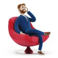 A beautiful cartoon character sitting in a comfortable red chair. Bearded businessman in a suit talking on the phone. Royalty Free Stock Photo