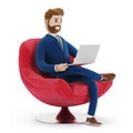 A beautiful cartoon character sitting in a comfortable red chair with a laptop. Bearded businessman in a suit. Royalty Free Stock Photo