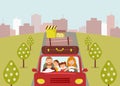 Beautiful cartoon family: young man, woman, son and daughter are going to vacation. Mom is driving a red car Royalty Free Stock Photo