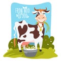 Beautiful, cartoon, flat cow in rural landscape Royalty Free Stock Photo