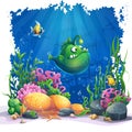 Beautiful cartoon funny green fish