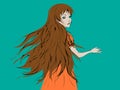 Beautiful cartoon girl with long light brown hair turning her head and looking back Royalty Free Stock Photo