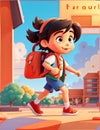 beautiful cartoon girl wear school bag 3d illustration of a child running around in a field background ,ai generative