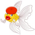 Beautiful cartoon goldfish in a red beret