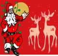 Beautiful cartoon illustration for christmas card of santa claus and two cute brown christmas deers in red saga background.cdr