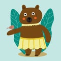 Beautiful cartoon illustration with colorful cartoon bear with bird on soft background. For children`s books, prints, t