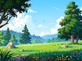 Beautiful Cartoon Landscape with Green Meadow and Forest Royalty Free Stock Photo