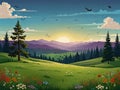 Beautiful Cartoon Landscape with Green Meadow and Forest Royalty Free Stock Photo