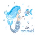 Beautiful cartoon little Mermaid with fish