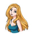 Beautiful cartoon smiling girl portrait. Long blonde hair, big blue eyes, blue shirt Royalty Free Stock Photo