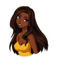 Beautiful cartoon smiling girl portrait. Long brown hair, big black eyes, yellow shirt