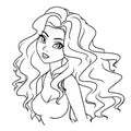 Beautiful cartoon smiling girl portrait. Long hair, big eyes. Outline art for coloring book