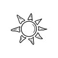 Beautiful cartoon sun drawing in black isolated on white background. Hand drawn vector sketch doodle illustration in vintage