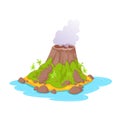 Tropical island in ocean with palm and volcano with steam.