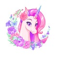 Beautiful cartoon unicorn with pink mane surrounded with flowers. Vector illustration. Royalty Free Stock Photo