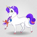 Beautiful cartoon walking unicorn with purple braid and ribbon on transparent background. Royalty Free Stock Photo