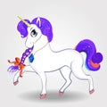 Beautiful cartoon walking unicorn with purple braid and ribbon on white background. Royalty Free Stock Photo