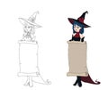 Beautiful cartoon witch holding parchment banner. vector illustration