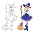 Beautiful cartoon witch holding wooden broom. Hand drawn vector illustration