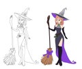 Beautiful cartoon witch holding wooden broom. vector illustration