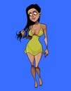 Beautiful cartoon woman in dress walks barefoot