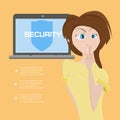 Beautiful cartoon young girl and internet security concept