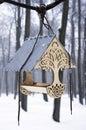 Carved bird feeder suspended from a tree branch