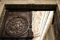 Beautiful carved wood door and stone details of ceiling of the Cathedral of Cuenca Royalty Free Stock Photo