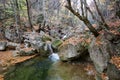 Beautiful cascade waterfall in autumn forest, silky smooth stream in the forest Royalty Free Stock Photo