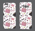 Beautiful cases for smartphones with female accessories. Stylish shoes, handbags, glasses, cosmetics and perfumes. Print for linin