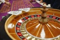 Beautiful casino roulette close-up with playing chips