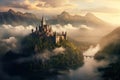 Beautiful castle on a background of the mountains in the fog, Magic castle in foggy morning. Fairytale landscape with castle, AI Royalty Free Stock Photo